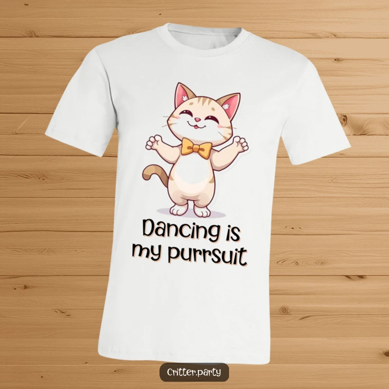 Funny t-shirt showcasing a happy cat wearing a smart bow tie, joyfully dancing with flair and a big grin.