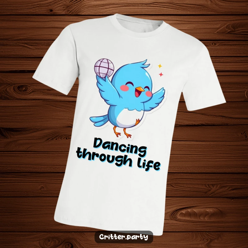 Funny cheerful blue bird t-shirt holding a tiny disco ball, dancing with unrestrained joy, perfect for a festive and fun gift.