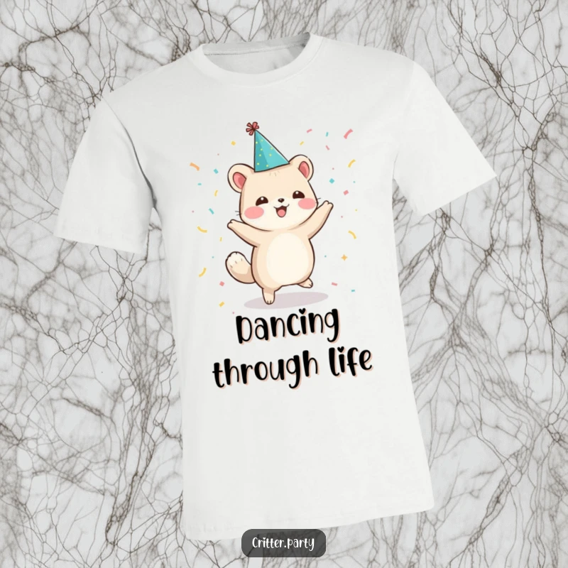 Funny t-shirt showcasing a small, gleeful animal character sporting a party hat and confetti, energetically dancing with pure delight.