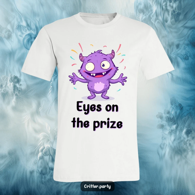 Funny purple monster t-shirt with many eyes, dancing enthusiastically with streamers, radiating wild energy and joy, ideal for a funny gift.