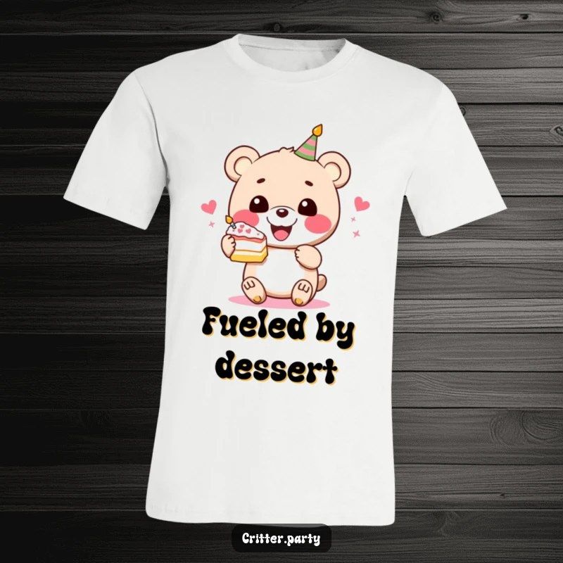 Funny bear cake t-shirt showcasing a perky bear character joyfully holding a slice of festive cake, ideal for celebrations.