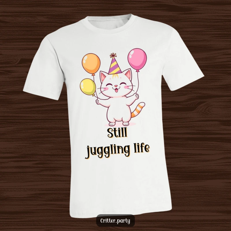 Funny cat character in a party hat gleefully juggling vibrant balloons, printed on a comfortable t-shirt.