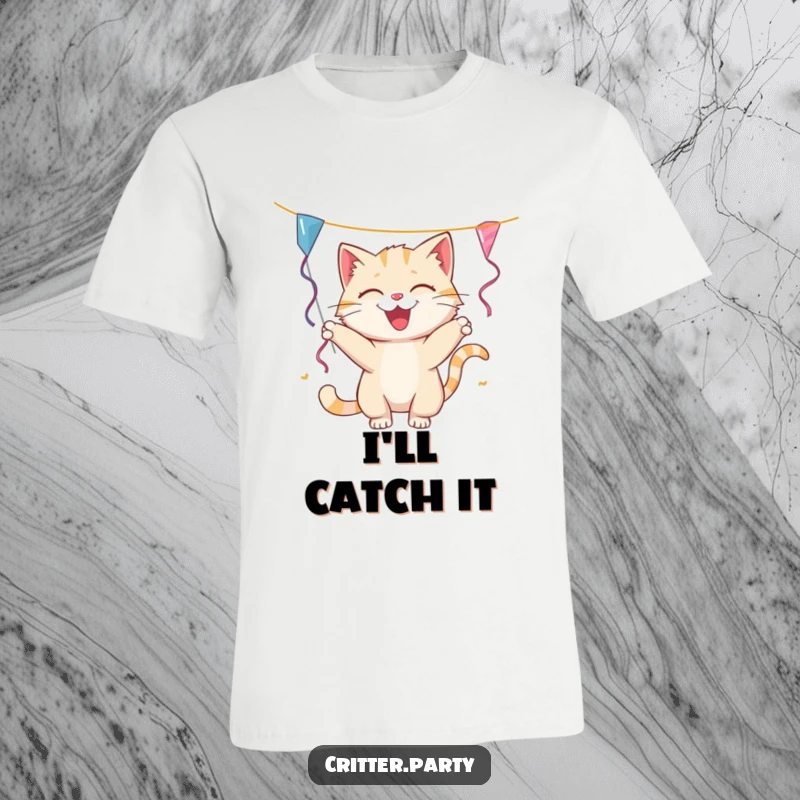 Funny smiling cat playfully batting at a dangling party streamer on a t-shirt, embodying playful mischief and celebratory joy.