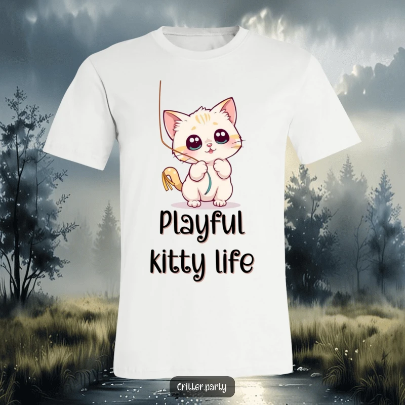 Funny T-shirt featuring a small cat character playfully batting at a shiny, dangling streamer with wide, mesmerizing eyes.