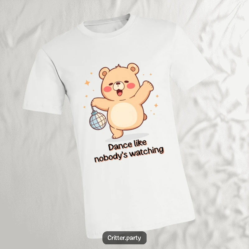 Hilarious chubby bear in full dance mode with a tiny disco ball, featured on a comfortable t-shirt for maximum fun.