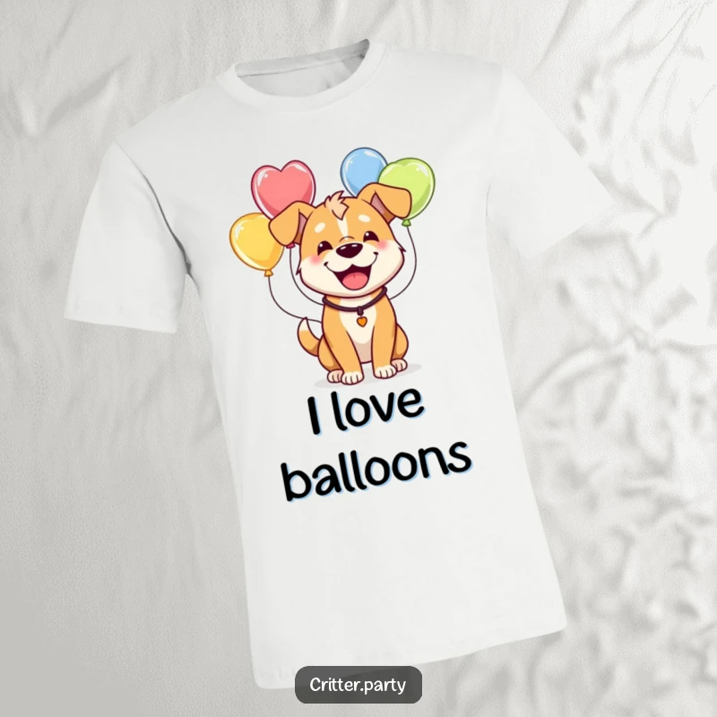 Funny t-shirt with a happy dog humorously wearing a festive string of colorful balloons, radiating pure canine happiness.