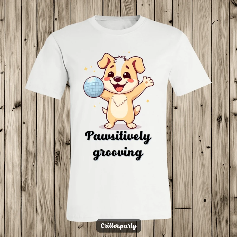 Funny dog character with a huge grin, captured mid-dance with a shimmering disco ball, comfortable t-shirt.
