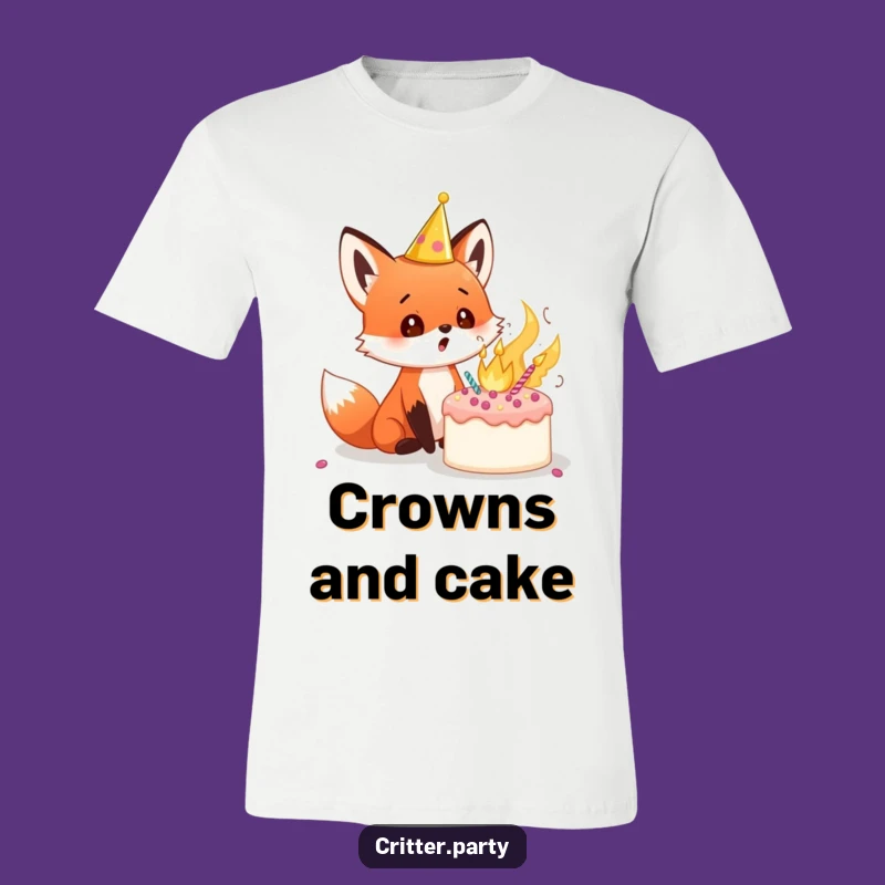 Funny Fox Cub T-Shirt: Crowned in Surprise at Exploding Cake Party Design