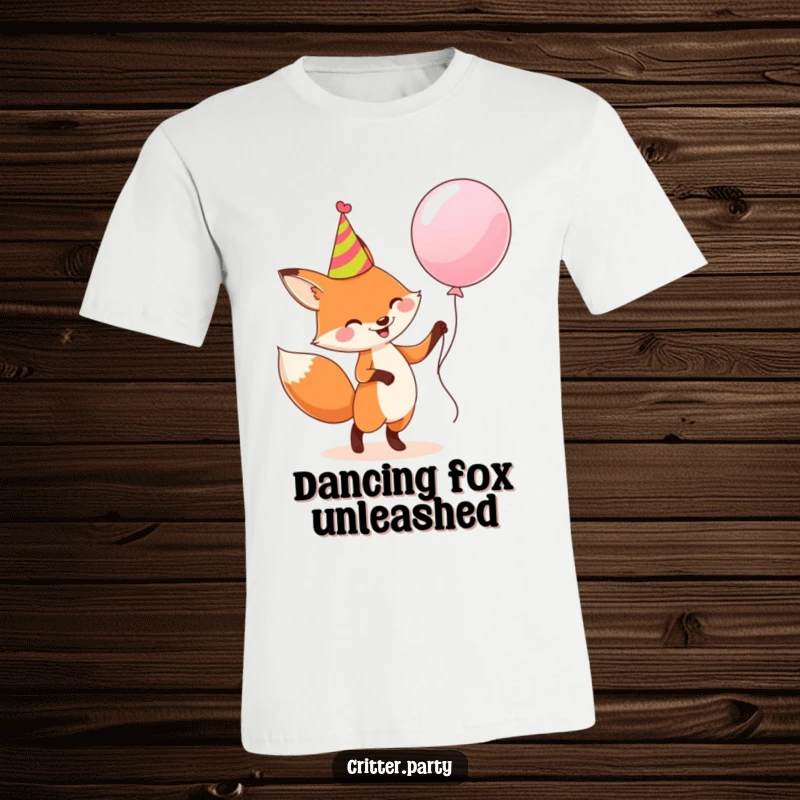 Funny t-shirt: A smiling fox wearing a party hat, energetically dancing with a huge balloon, full of celebratory fun.