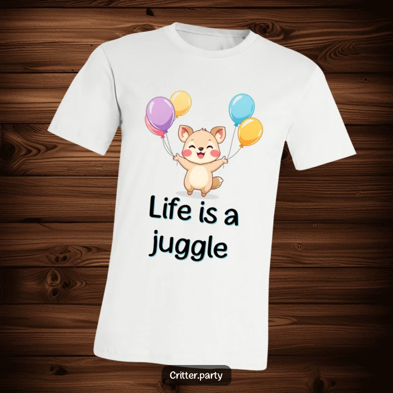 Funny t-shirt depicting a tiny, happy animal character expertly juggling vibrant balloons with a wide, infectious grin.