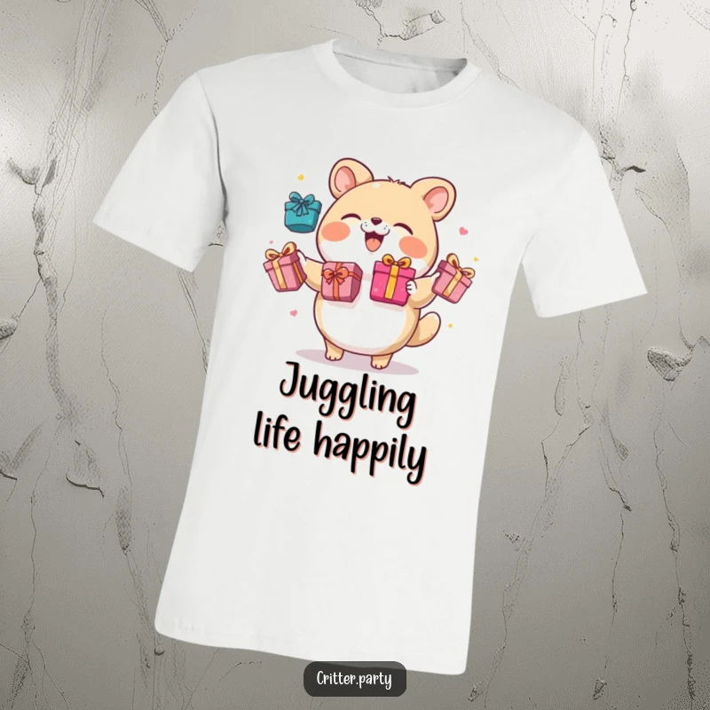 Funny T-shirt featuring a round, giggling animal character juggling multiple brightly colored gift boxes with expert precision.
