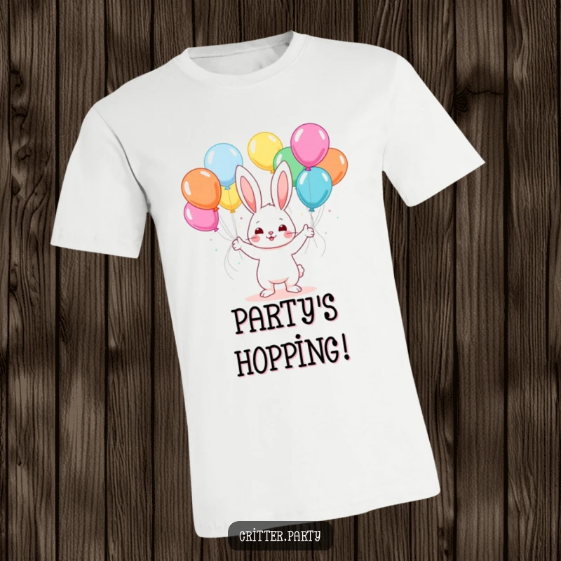 Funny kawaii bunny energetically juggling colorful balloons at a festive party, embodying pure joy and celebration.
