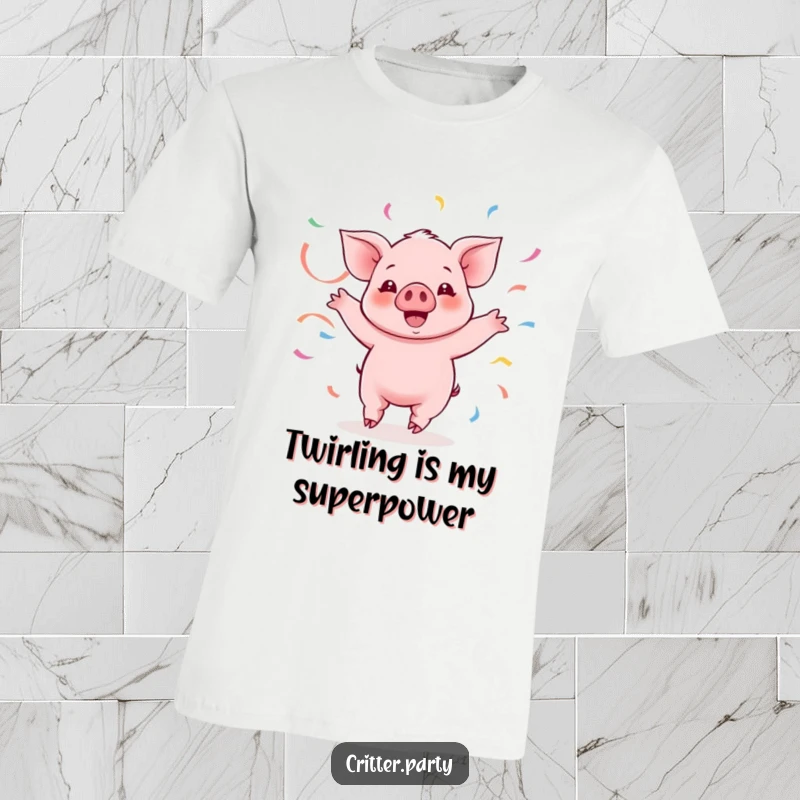 Funny Kawaii piglet twirling with streamers on a t-shirt, capturing pure excitement and festive energy.