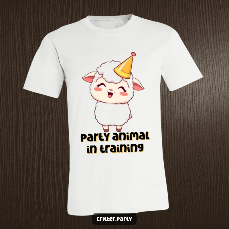 Funny Kawaii sheep wearing a silly party crown and giggling, printed on a comfy t-shirt for a humorous look.