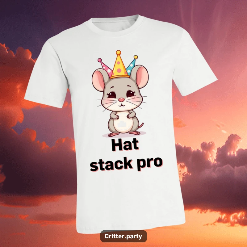Funny T-Shirt: A small, determined mouse is shown expertly balancing a stack of miniature party hats on its nose, looking focused.