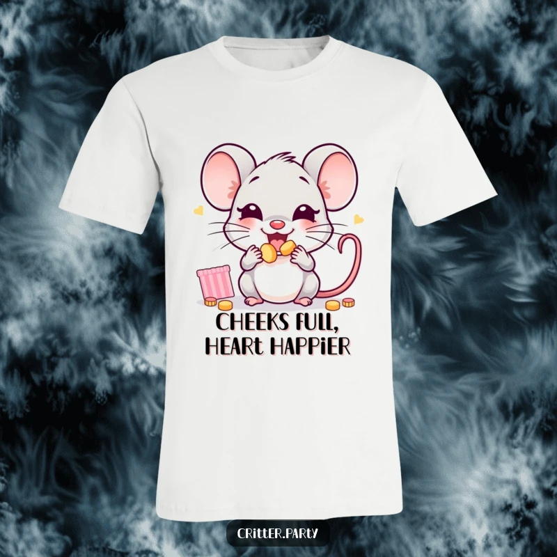 Funny mouse t-shirt depicting a joyful little mouse character eagerly stuffing its cheeks with delicious tiny party snacks.