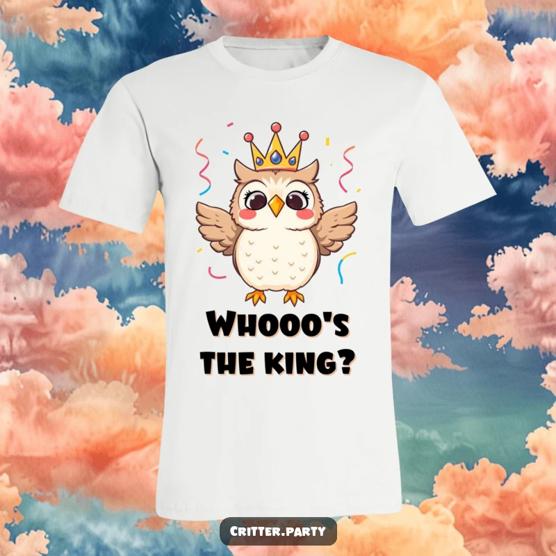 Thrilled owl character in a festive crown, surrounded by streamers, a humorous and stylish t-shirt.