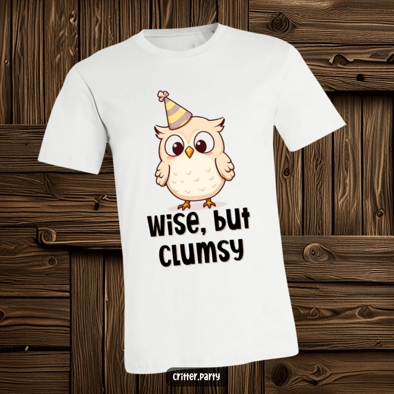Funny owl t-shirt depicting a tiny owl character in a party hat that’s falling off, looking comically surprised and startled.