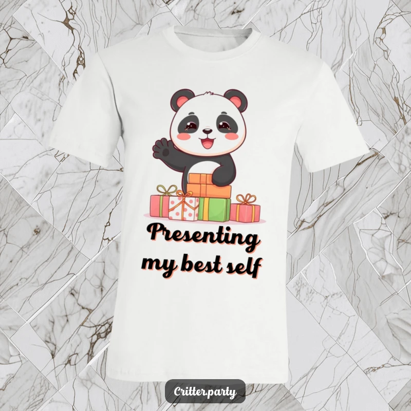 Funny t-shirt showcasing a joyful panda character emerging from a pile of wrapped presents, its paw raised in a friendly wave.