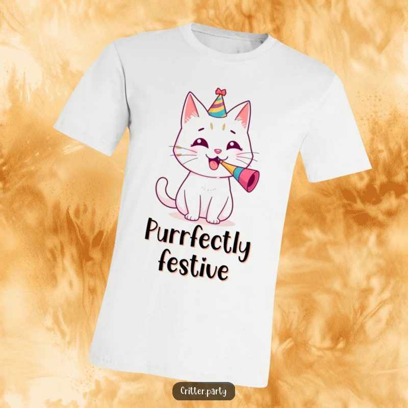 Funny t-shirt with a cheerful cat character adorned in a party hat, energetically blowing a small party horn.
