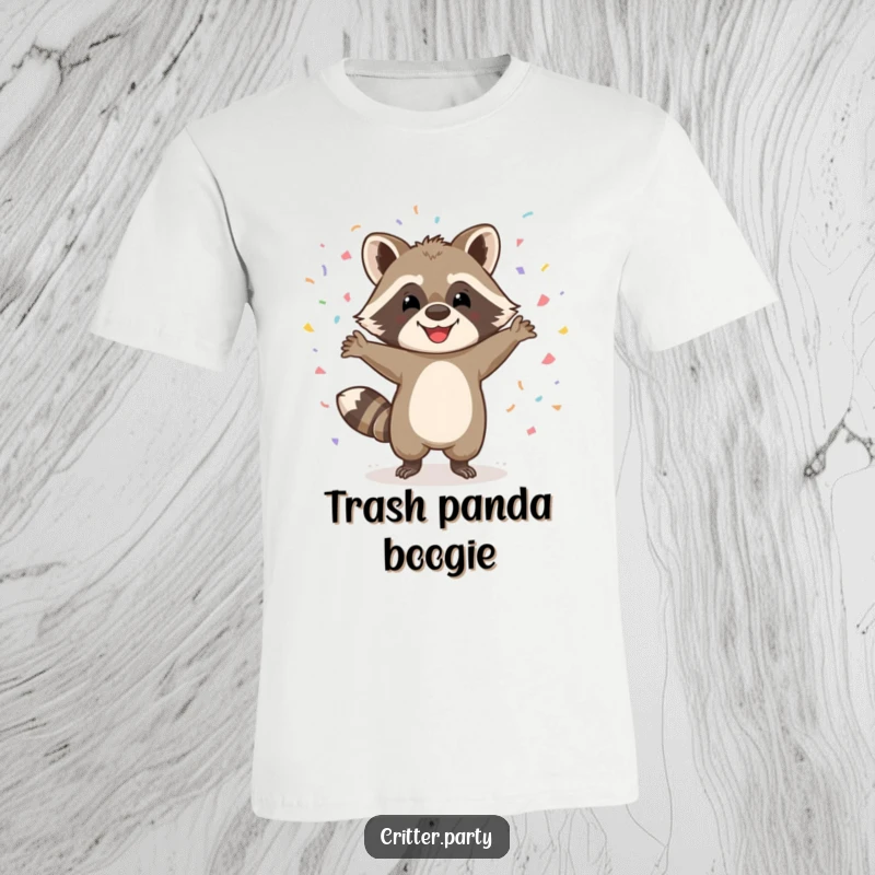 Funny t-shirt illustrating a happy raccoon character dancing wildly, surrounded by falling confetti, conveying excitement and a love for revelry.