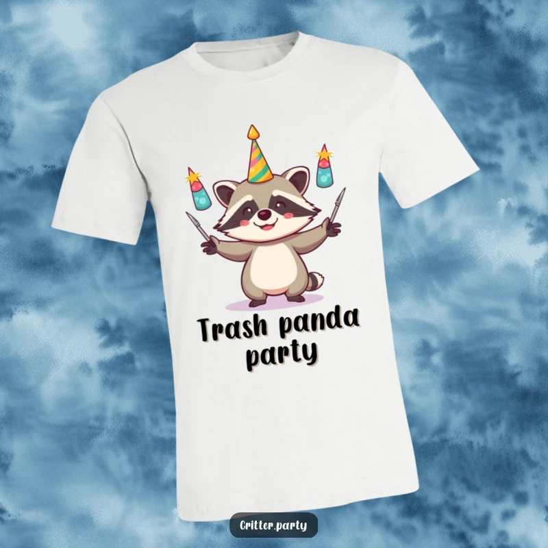 Funny t-shirt featuring a giddy raccoon expertly juggling shiny party horns, capturing a moment of pure, unadulterated celebratory chaos.