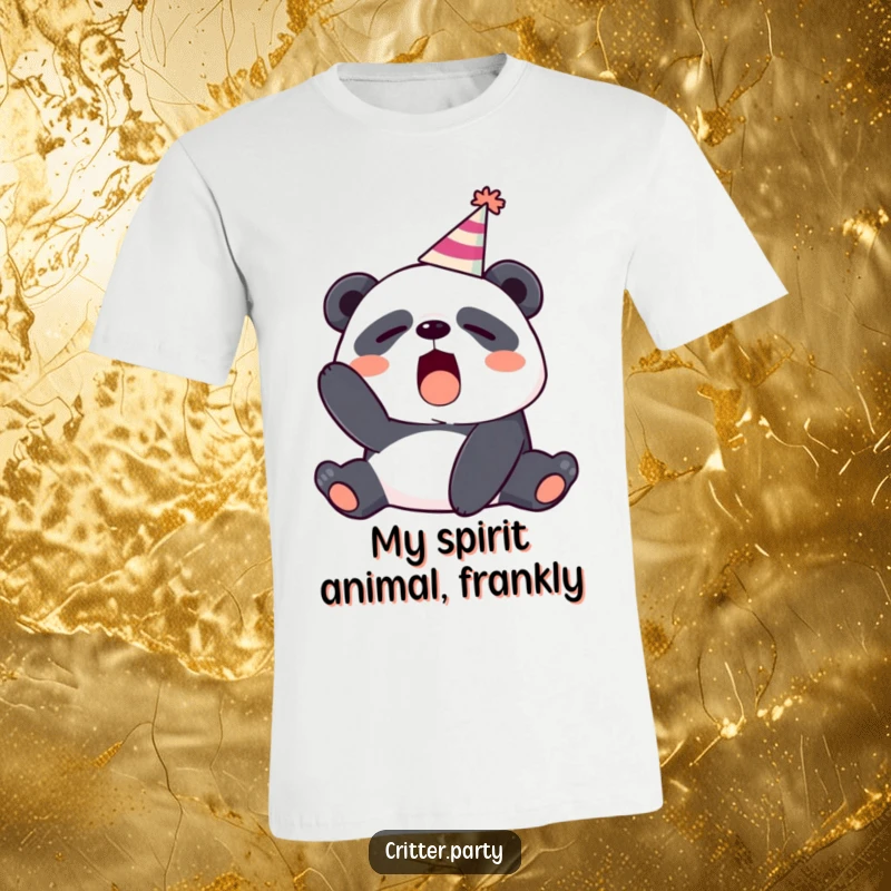 Funny sleep-deprived panda wearing a crooked party hat, mid-yawn, printed on a comfortable t-shirt.