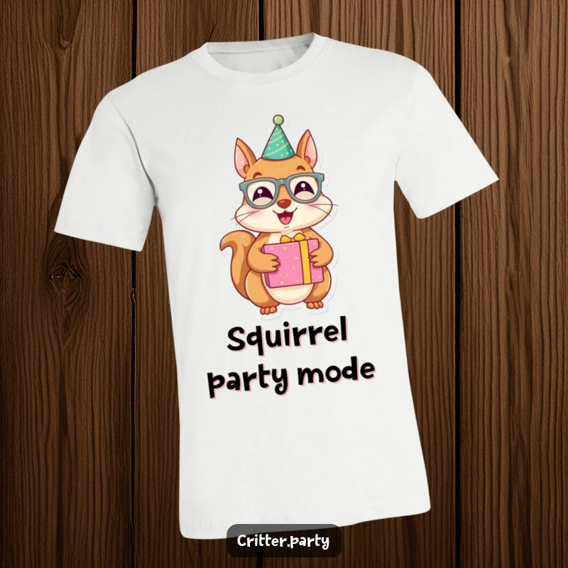 Funny t-shirt featuring a joyous squirrel character wearing party glasses and holding a brightly wrapped present, radiating party energy.