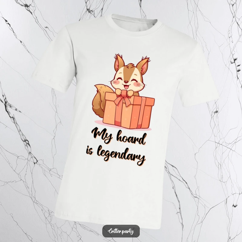 Funny squirrel t-shirt showing a cute squirrel gleefully unwrapping a large, ribbon-tied present, radiating pure excitement and anticipation.