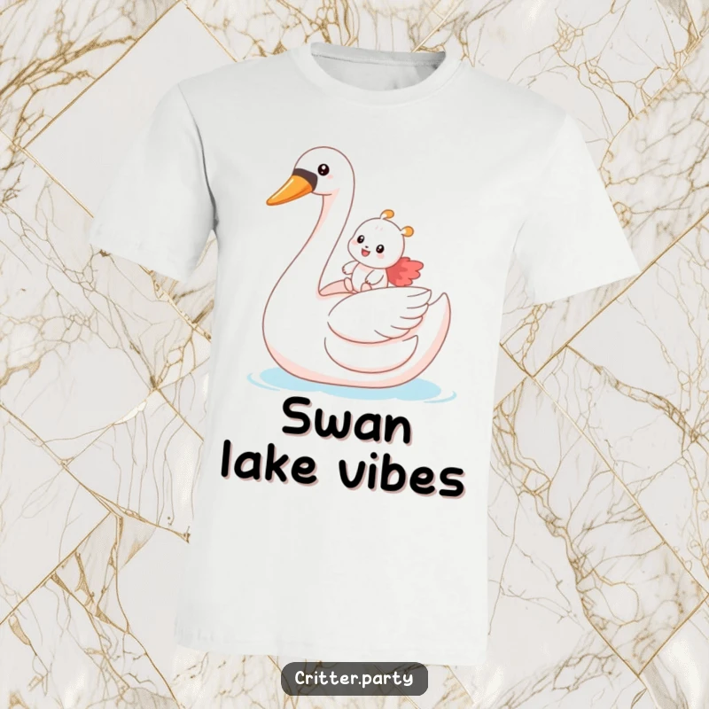 Funny t-shirt showing a small critter ecstatically riding a huge inflatable swan, capturing a moment of pure, hilarious joy.