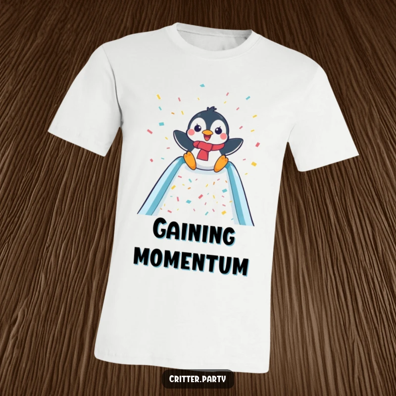 Funny t-shirt depicting a happy penguin joyfully sliding down a slide covered in colorful confetti, full of excitement.