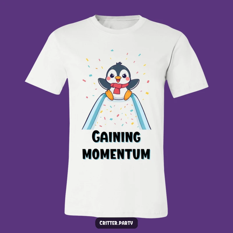 Funny Penguin Slide T-Shirt: Playful Character Expressing Joyful Fun
