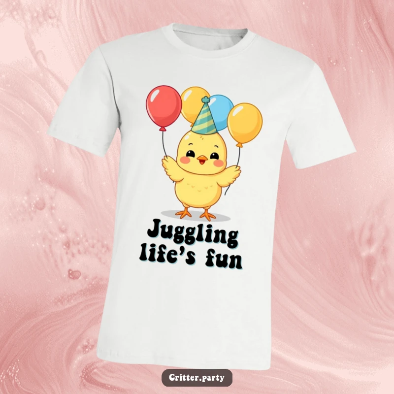 Funny cute yellow chick wearing a party hat, juggling colorful balloons on a t-shirt, radiating pure joy.