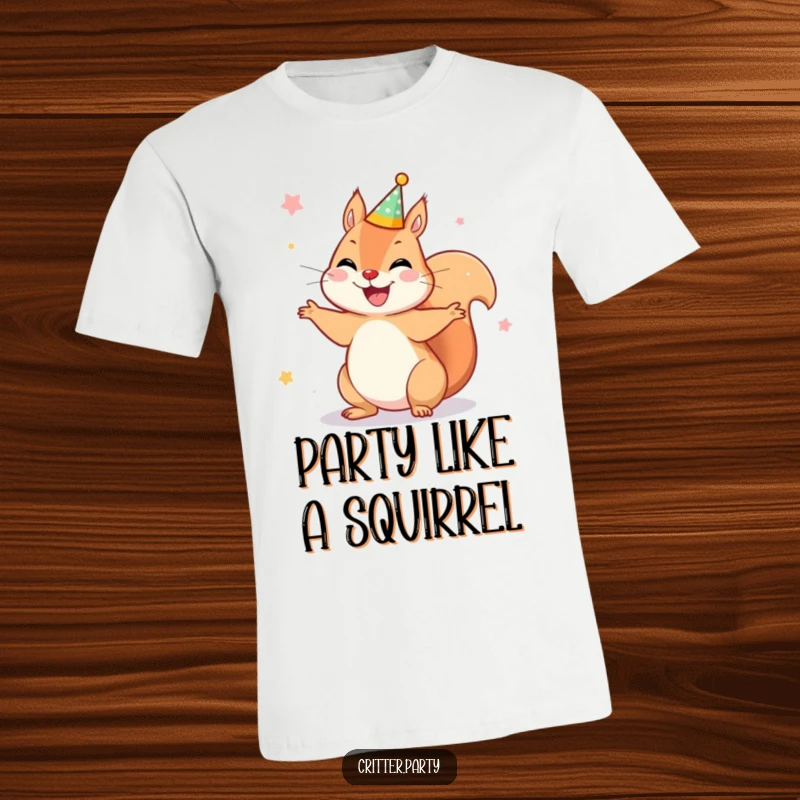 Funny t-shirt with a joyful squirrel wearing a tiny party crown, captured mid-spin in a moment of ecstatic celebration.