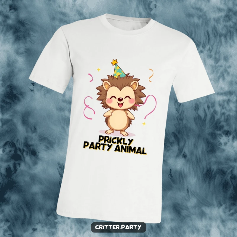 Funny t-shirt illustrating a smiling hedgehog wearing a party hat and juggling streamers, conveying excitement and a love for celebrations.