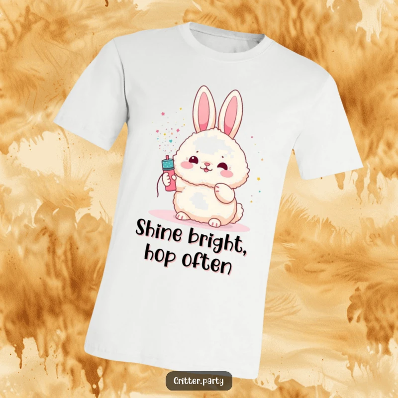 Funny bunny t-shirt showing a fluffy bunny character being showered with colorful glitter from a small party popper.