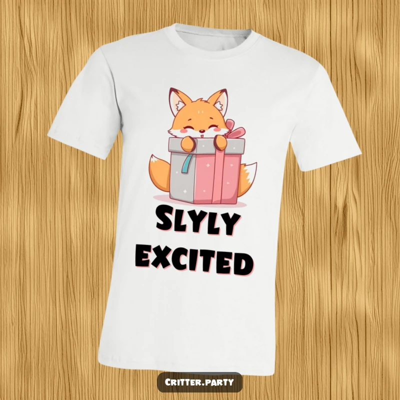 Funny kawaii fox with a look of pure delight, unwrapping a massive gift box, capturing the thrill of discovery.