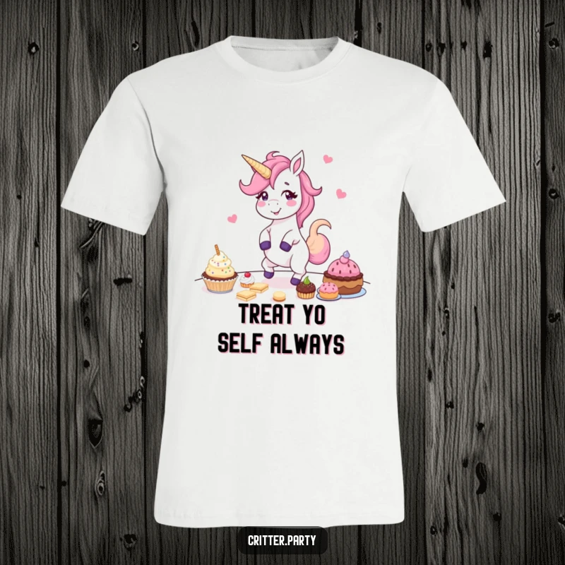 Funny t-shirt showcasing a giggling unicorn joyfully dancing around a table piled high with scrumptious party treats, radiating pure delight.