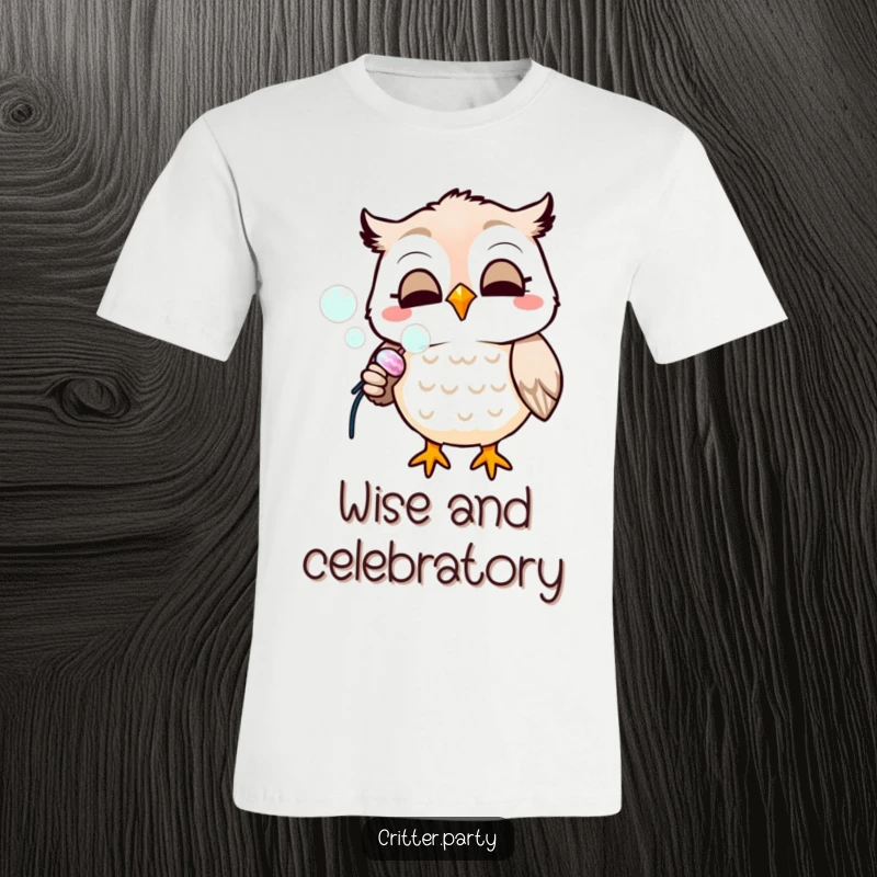 Funny t-shirt showcasing a smiling owl playfully blowing bubbles from a party popper, radiating pure festivity and joy.
