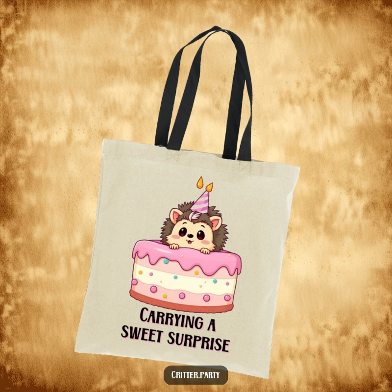 Funny tote bag depicting a curious hedgehog peeking over the edge of a giant birthday cake, a picture of sweet surprise.