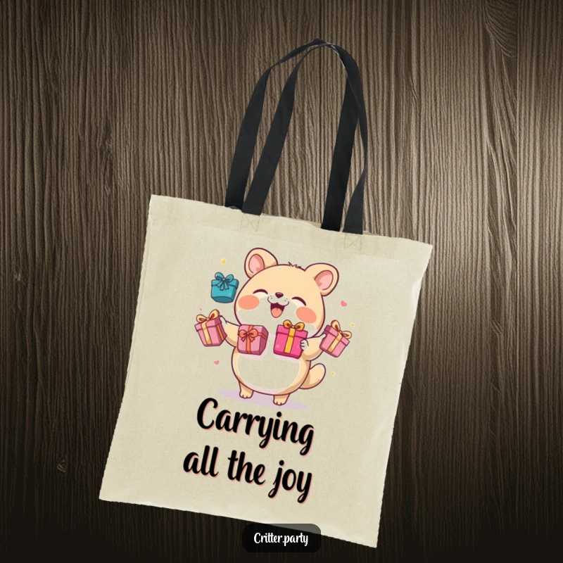 Funny tote bag showcasing a round animal character giggling while juggling several brightly colored gift boxes, perfect for carrying joy.
