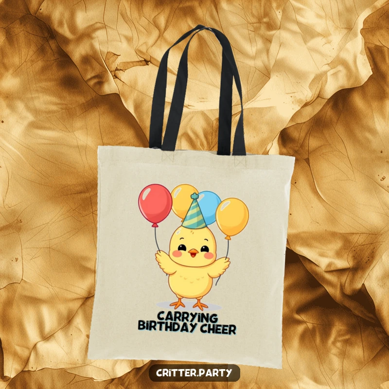 Funny cute yellow chick wearing a party hat, juggling colorful balloons on a tote bag, symbolizing celebration.