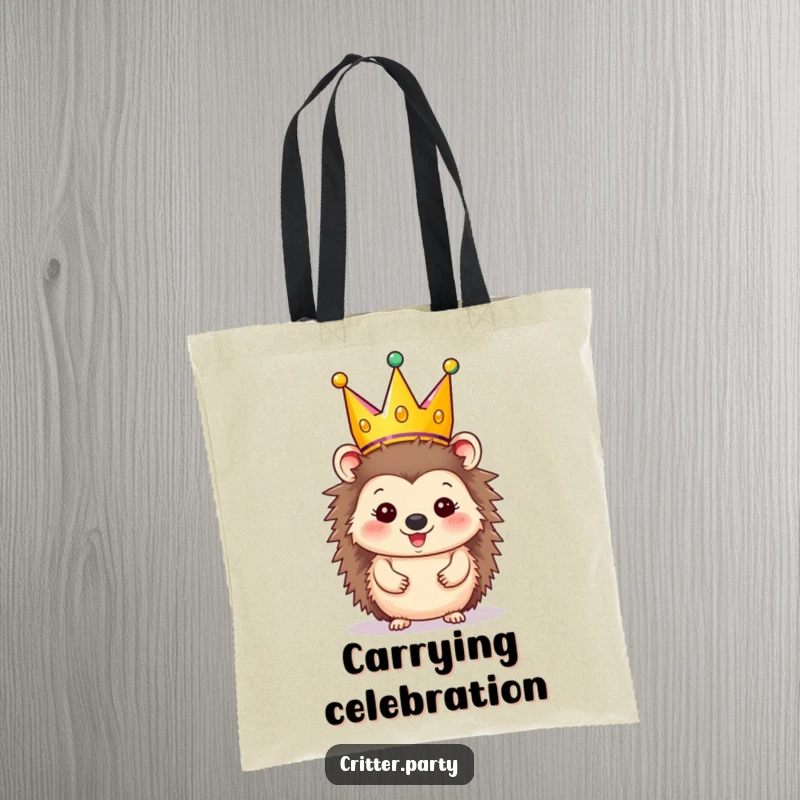 Funny Tote Bag: Happy hedgehog character wearing a festive party crown that’s too big, for cheerful carrying.
