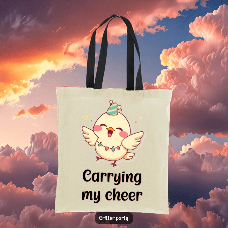 Funny bird tote bag showing a joyful character with a huge grin, wearing a party garland and fluttering with delight.