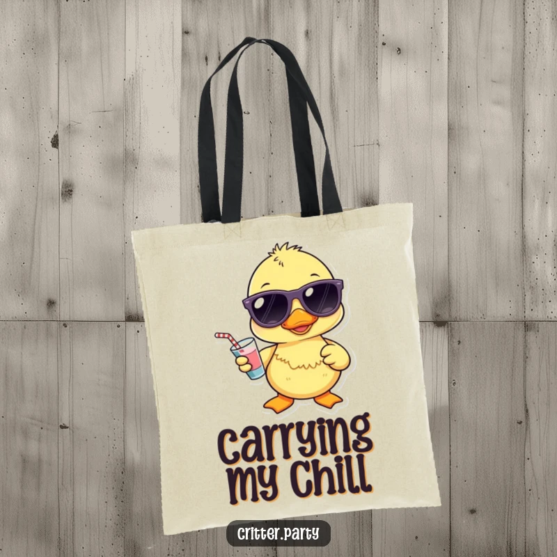 Funny Kawaii duckling in sunglasses holding a tiny drink on this durable tote bag, a symbol of cool leisure.