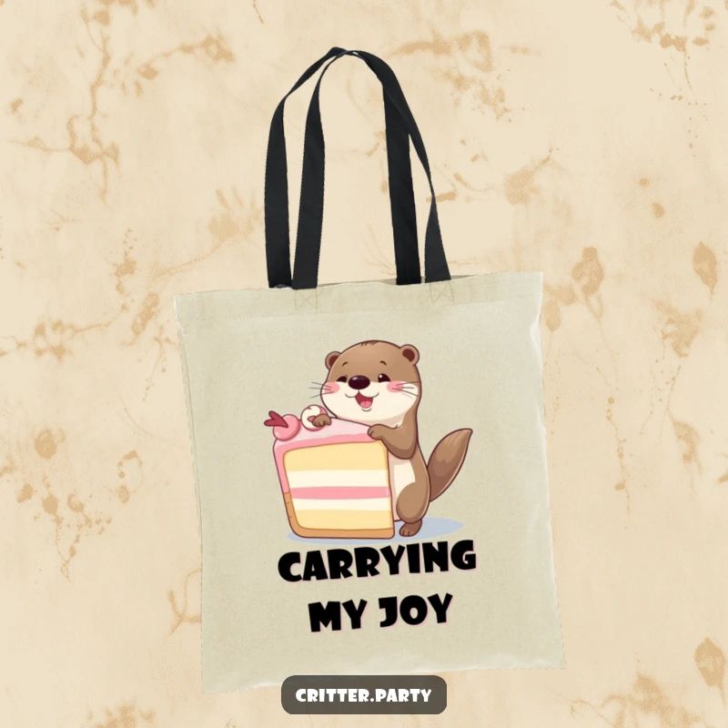 Funny Otter Tote Bag: A playful otter dancing ecstatically around a massive cake slice, bringing joy to any outing.