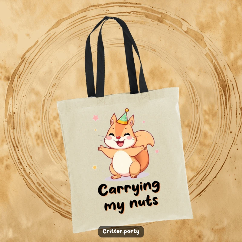 Funny tote bag showcasing a joyful squirrel wearing a tiny party crown, spinning around with ecstatic delight, ideal for carrying essentials.