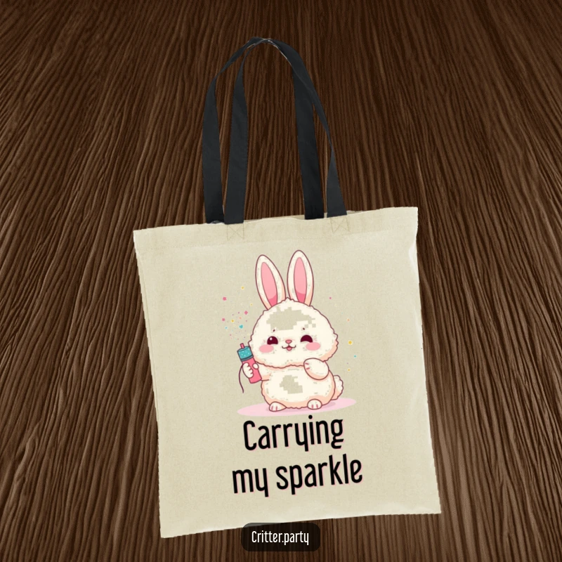 Funny bunny tote bag with a fluffy bunny character showered in glitter from a party popper, perfect for shoppers.
