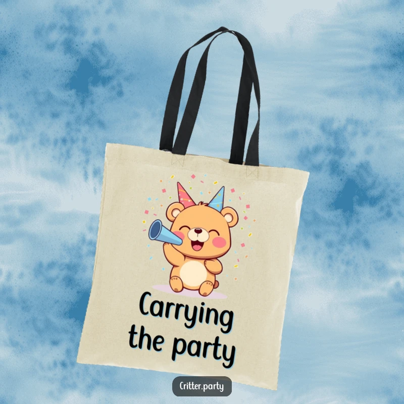 Funny tote bag showcasing a small bear character blowing colorful confetti from a party horn with a wide, joyful smile.