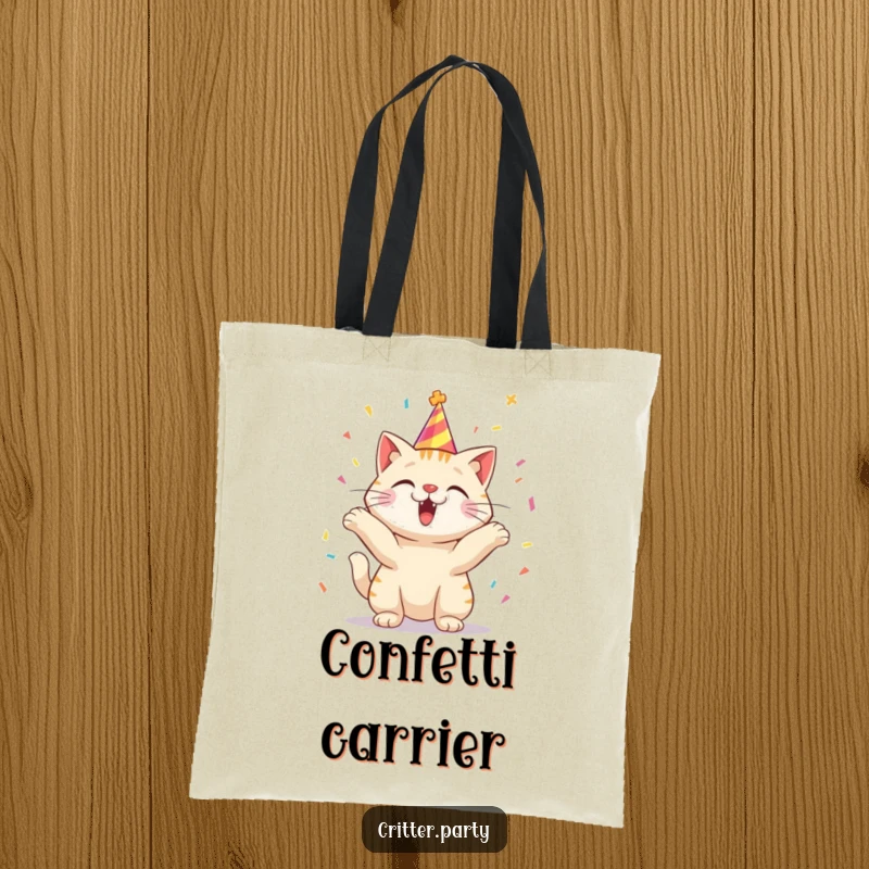 Funny tote bag illustrated with an excited cat in a party hat, tossing confetti with glee.